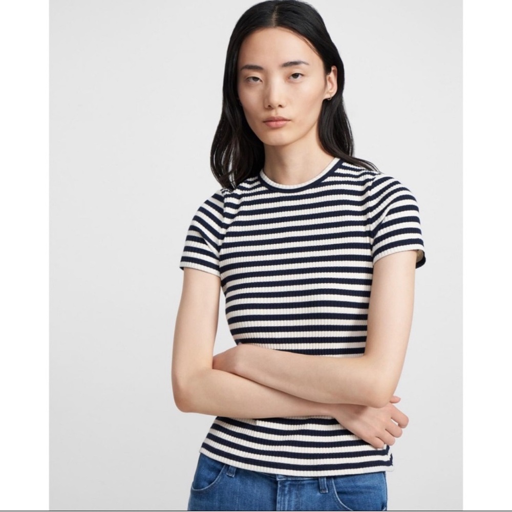 Theory Black and White Striped Short Sleeve Top